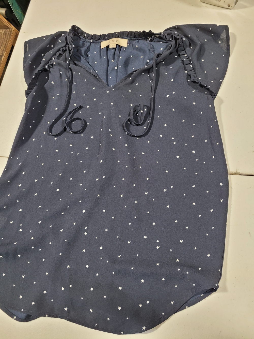 LOFT Navy Star Print Ruffle Tie-Neck Blouse